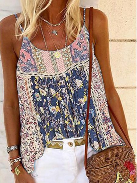 Off Shoulder Sleeveless Casual Printed Tops, Multicolor, Tank Top