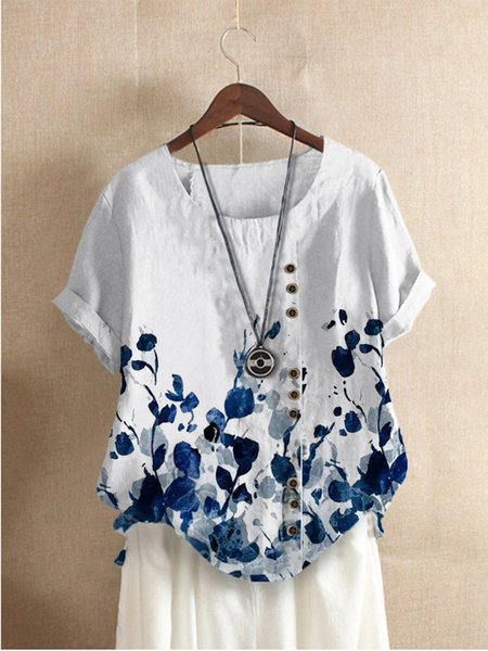 

Girocollo Astratto Maniche Corte Top, Bianco, Tops