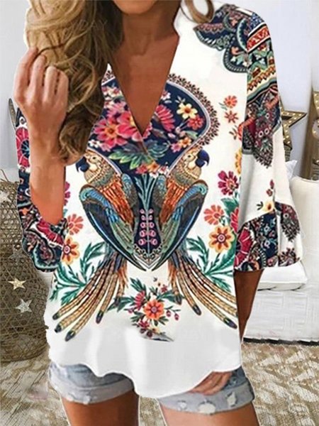 Printed Cotton Blend Short Sleeve Casual Top