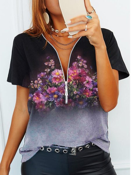 

Statement V Neck Short Sleeve Shirts & Tops, Black-grey, T-Shirts