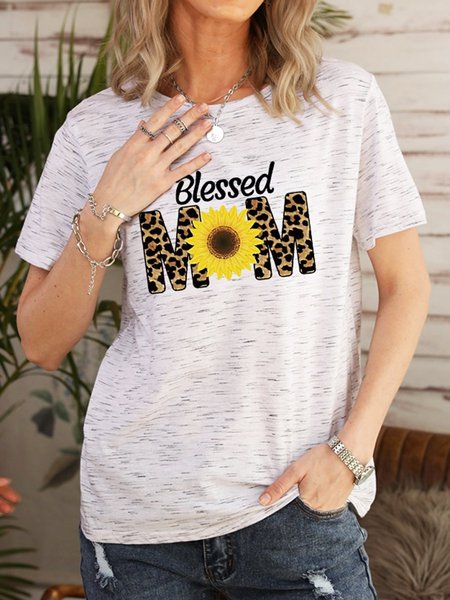 

Blessed Mom Leopard Sunflower Graphic Tee, Gray-white, T-shirts