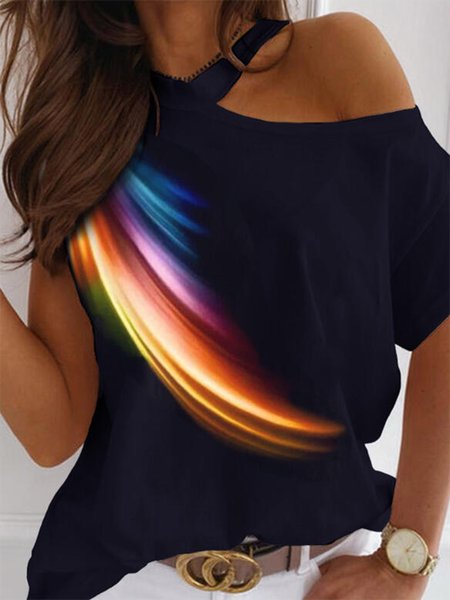 

Printed Short Sleeve Casual Cotton-Blend Tops, Navy blue, T-Shirts