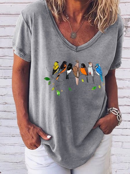 

Multicolor Bird V-neck Graphic Tee, Gray, T-shirts