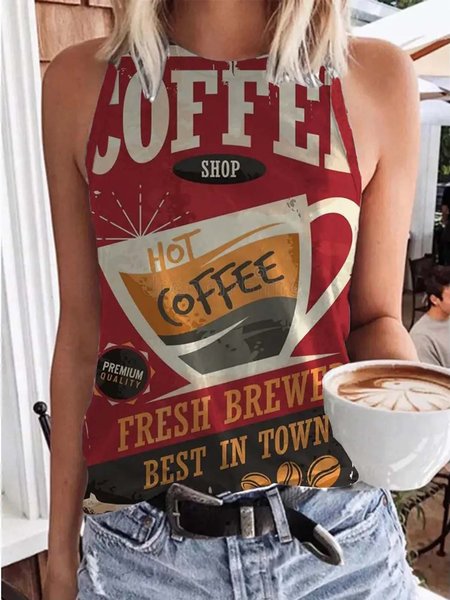

Caffè Tempo Stampa Misto Cotone Casuale Gilet, Come immagine, Blouses & Shirts