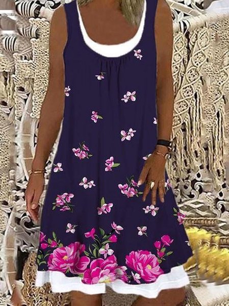 

Girocollo senza maniche Stampato Floreale Abito, Blu marino, Dresses
