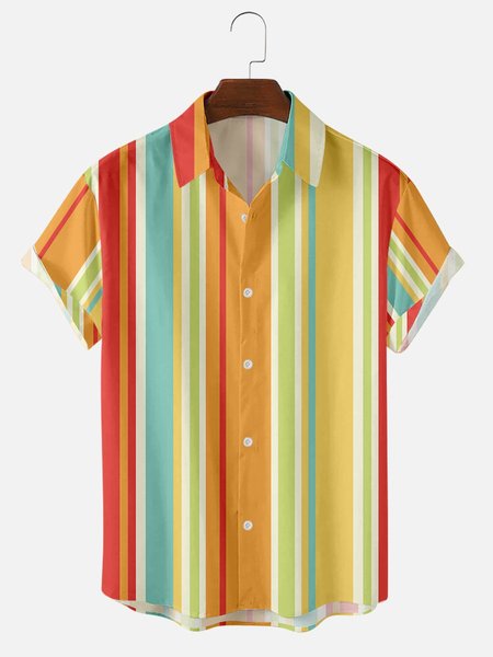 

Men's Stripe Style Short Sleeve Casual Loose Shirt, Orange, Men's Tops