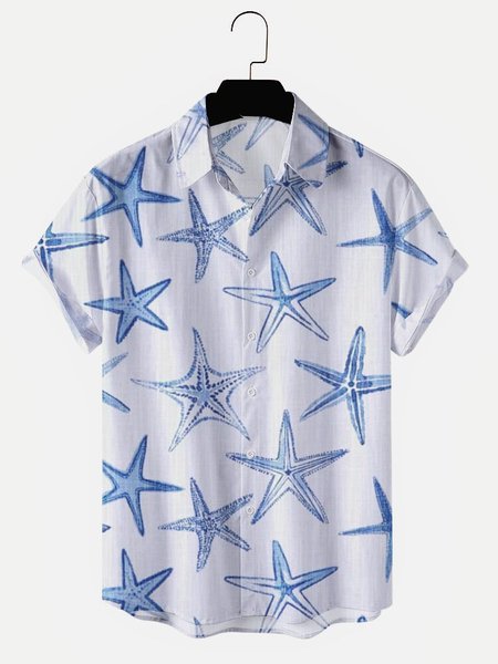 

Mens Starfish Sealife Print Lapel Casual Loose Short Sleeve Shirt, White, Shirts