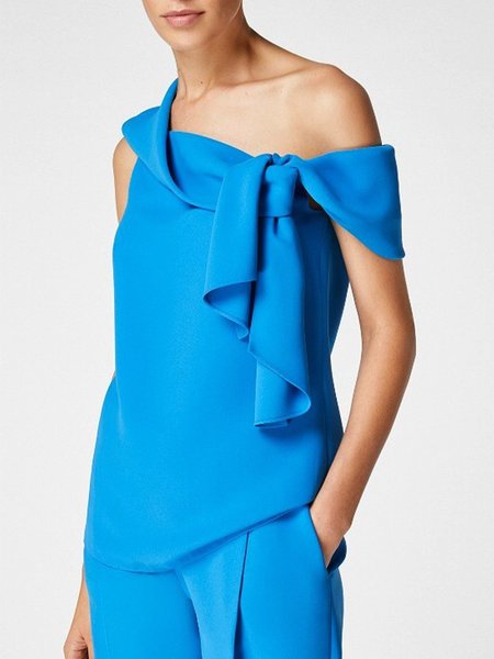 

Bow Short Sleeve Solid Holiday Off Shoulder Top, Blue, Blouses and Shirts