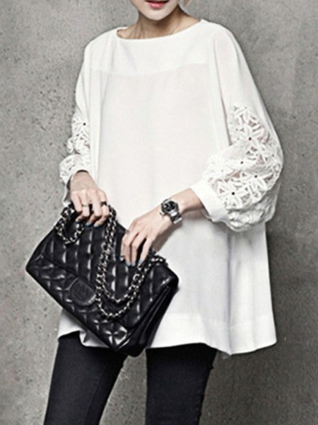 

Resort Crew Neck A-Line For Work Shift Top, White, Blouses and Shirts