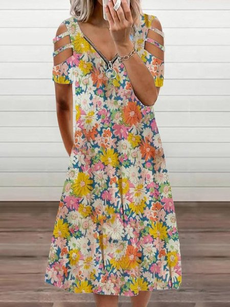 

Floral-Print V Neck Short Sleeve Women Dress, Yellow, Midi Dresses