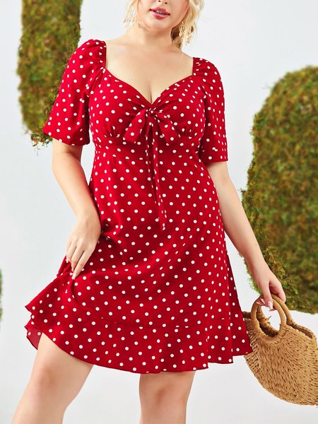 

Polka Dots Short Sleeve Holiday V Neck Weaving Dress, Red, Dresses