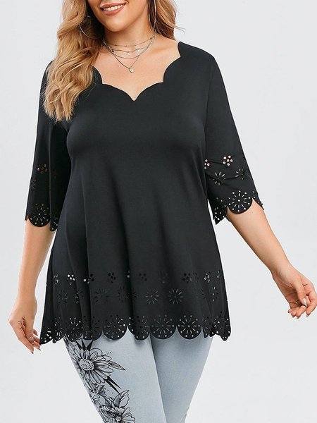 

A-Line Casual Devore Frill Sleeve Tops, Black, T-Shirts