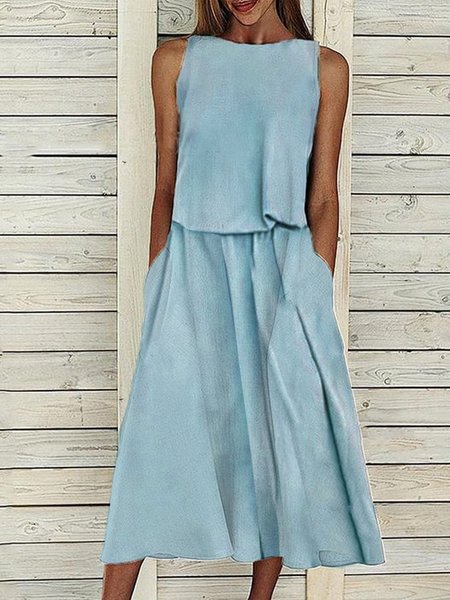 Poliestere Cotone Girocollo Semplice Abito, Blu, Dresses