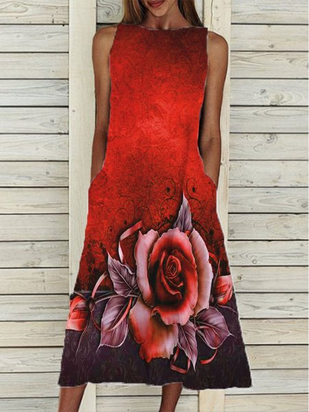

Casuale senza maniche Floreale Girocollo Abito, Rosso, Dresses