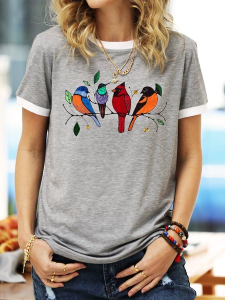 

Multicolor Bird T Shirt Women Graphic Ringer Tee Summer Top, Gray, T-shirts