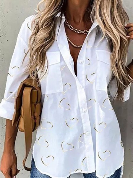 

Bianco Stampato Casuale Maniche Lunghe Colletto a Camicia Dritto Top, Shirt