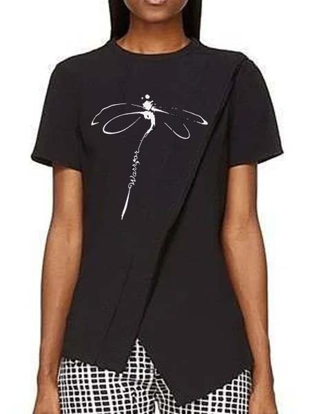 

Misto Cotone Maniche Corte Dritto Girocollo Top, Nero, Blouses & Shirts