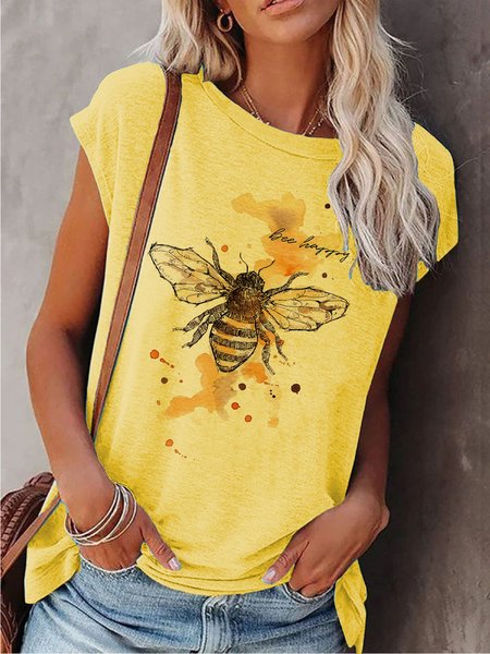 

Women Casual Crew Neck Bee Print Short Sleeve Summer T-Shirt, Yellow, Tees & T-shirts