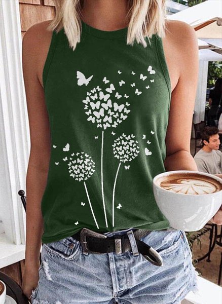 

Dandelion Seeds Tank Top Flying Butterfly Crew Neck Vest, Dark green, Tank Tops