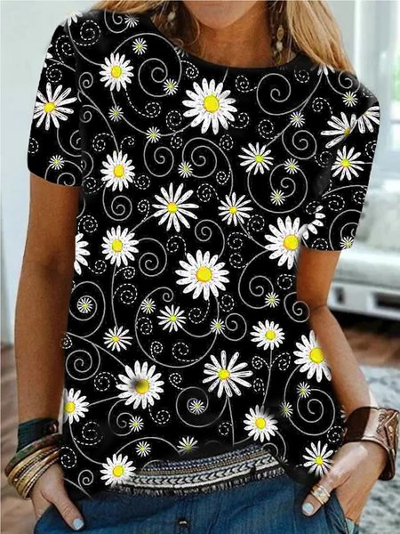 

Casuale, Floreale Maniche Corte Stampato Top, Nero, T-Shirts