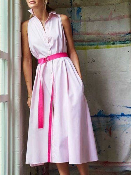 

Shirt Collar Elegant Pockets Daily Pockets Midi Dress, Pink, Midi Dresses