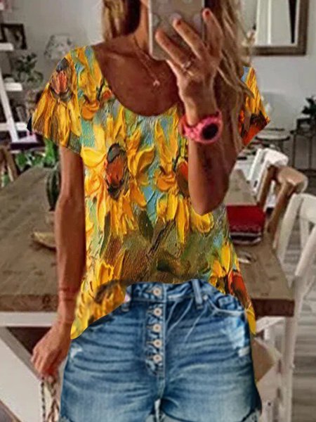 

Crew Neck Shift Sunflower Short Sleeve T-shirt, Yellow, Tops