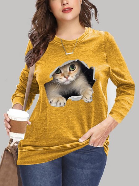 

Casual Long Sleeve Round Neck T-shirt, Yellow, Tops