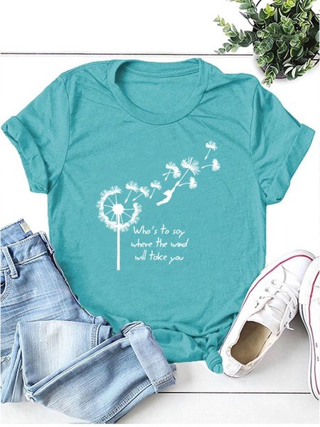 

Dandeline Letter Graphic Round Neck Short Sleeve Tee, Turquoise, T-shirts