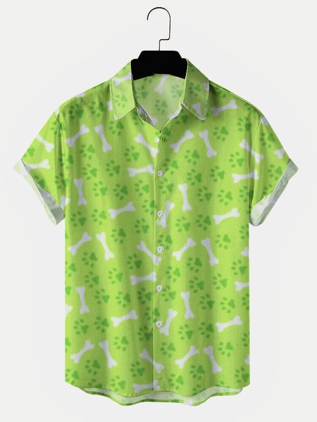 

Mens Paw&Bone Print Lapel Casual Loose Short Sleeve Hawaiian Shirt, Green, Men's Tops