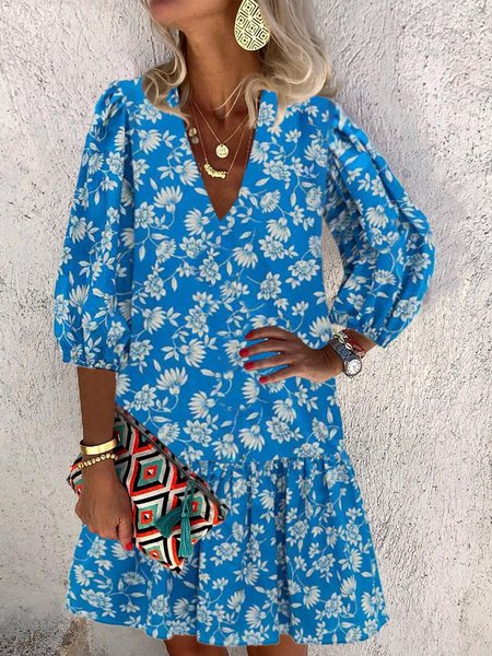 

Abito Casuale Floreale, Blu, Dresses