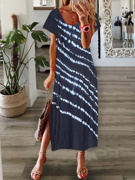 

Girocollo Maniche Corte Misto Cotone Abito, Blu intenso, Dresses