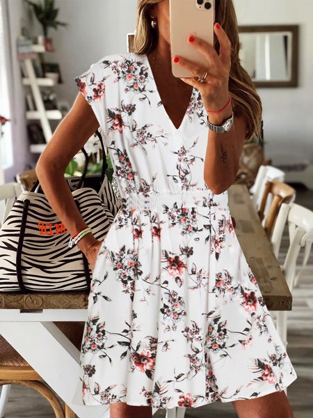 

A-line Floreale Maniche Corte Gonna Casuale, Bianco, Summer dresses