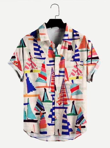 

Mens Sailboat Print Pocket Lapel Casual Loose Short Sleeve Hawaiian Shirt, Pink, Short Sleeves Shirts