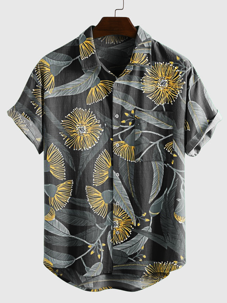 

Floral Shirt Collar Shirts & Tops, Deep gray, Short Sleeves Shirts