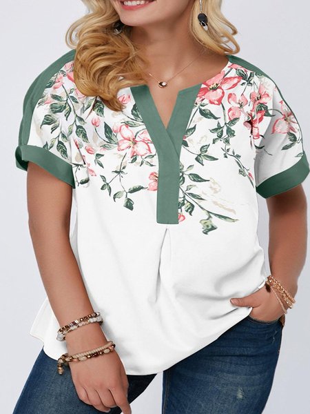 

Crew Neck A-Line Floral Short Sleeve Tops, White, T-Shirts
