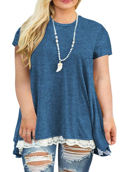 

Women Plus Size XL- Lace Short Sleeve A-Line Tunics Top Blouse Shirt, Blue, T-Shirts