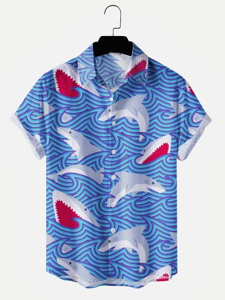 

Mens Shark Print Lapel Casual Loose Short Sleeve Shirt, Blue, Shirts