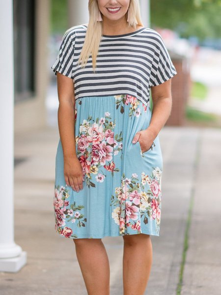 

Floral Color-Block Short Sleeve Knitting Dress, Light blue, Floral Dresses