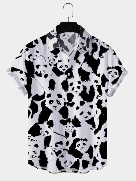 

Mens Panda Print Lapel Casual Loose Short Sleeve Shirt, White, Shirts