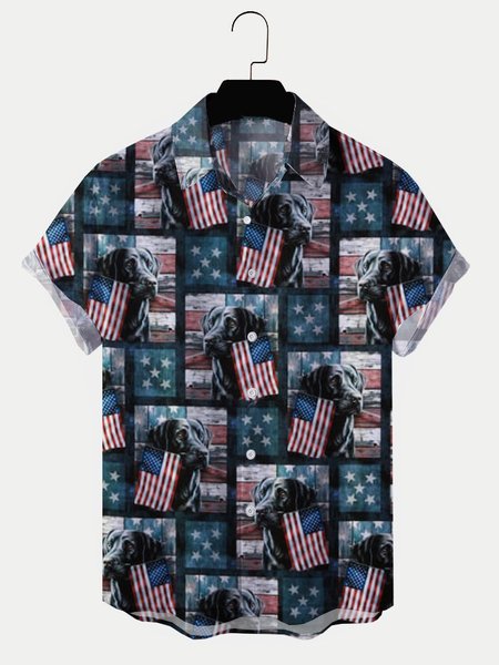 

Mens Dog & American Flag Print Lapel Casual Loose Short Sleeve Shirt, Dog pattern, Shirts