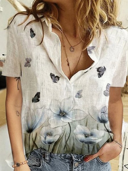 

Cotton-Blend Short Sleeve Tops, As picture, Shirts & Blouses