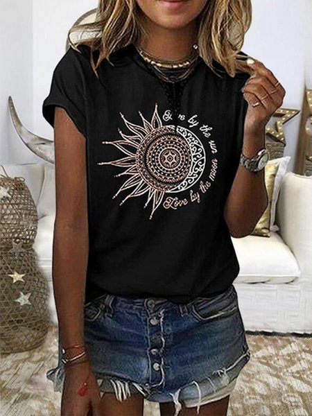 

Stampato Maniche Corte Casuale Top, Nero, Tops