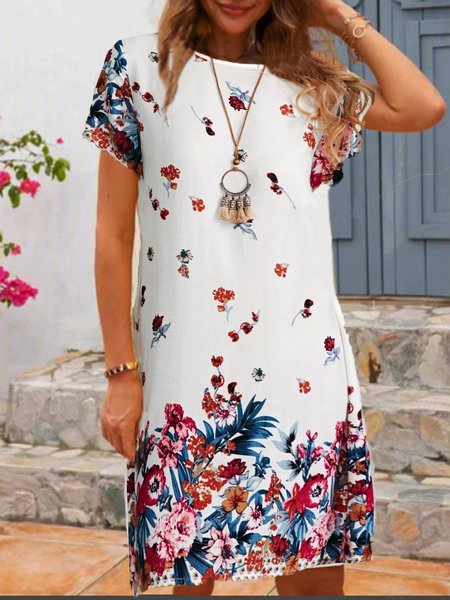 

Girocollo Dritto Maniche Corte Ricorrere Abito, Bianco, Dresses