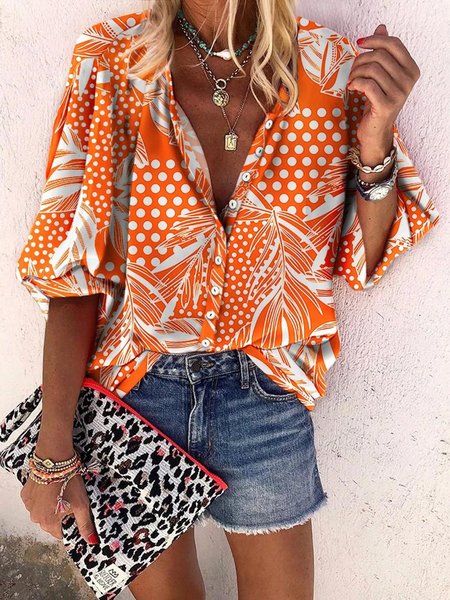 

arancia Vacanza Casuale Le foglie a pois Stampato 3/4 Manica Colletto Rialzato Dritto Top, Blouses & Shirts