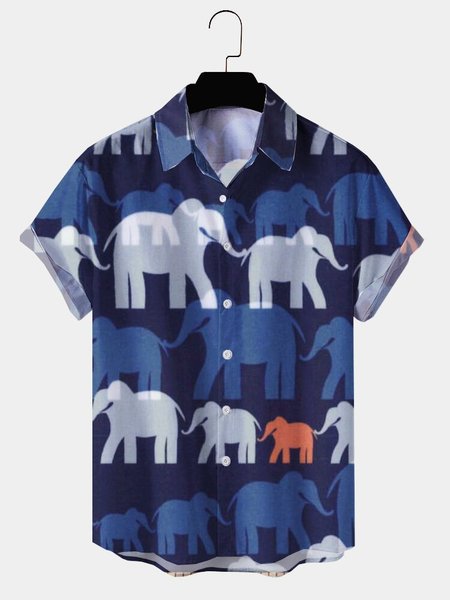 

Mens Elephant Print Lapel Casual Loose Short Sleeve Hawaiian Shirt, Blue, Shirts