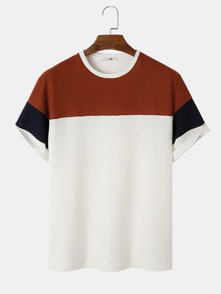 

Mens Textured Panel Patchwork Crew Neck Preppy Short Sleeve T-Shirts, White, Men's Floral shirt