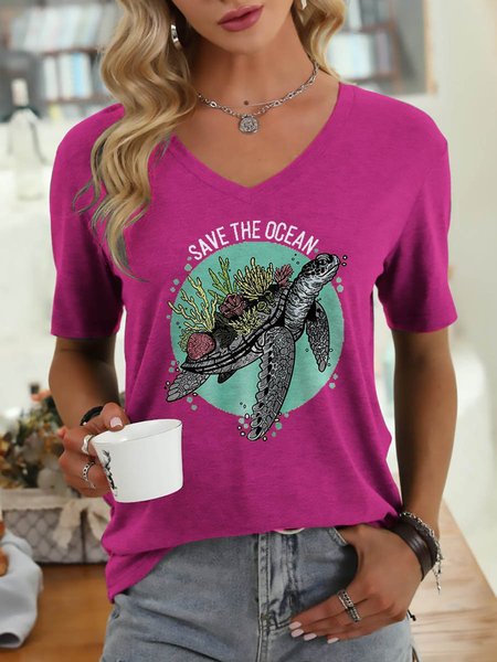 

Sea Turtle Slogan Print Cotton Graphic Tee, Rose red, T-shirts