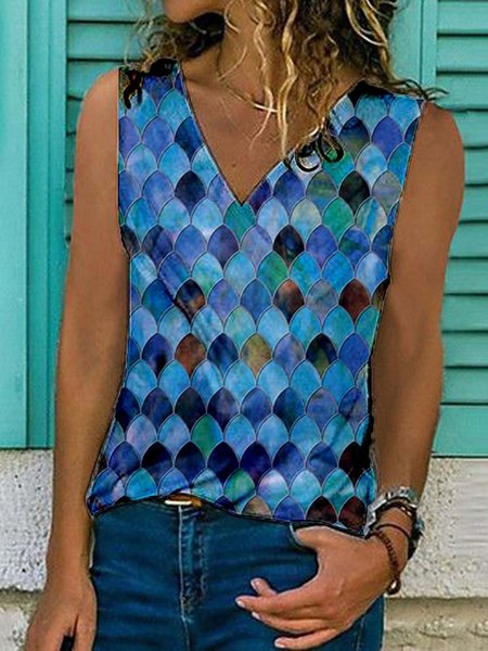 

Paisley senza maniche Stampato Misto Cotone Scollo a V Vacanza Estate Blu Superiore, Tops