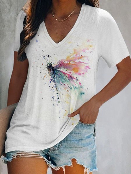 Casuale Maniche Corte Dritto Farfalla Top, Bianco, Tops
