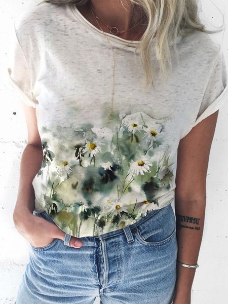 

Misto Cotone Floreale Maniche Corte Casuale Top, Grigio chiaro, Tops